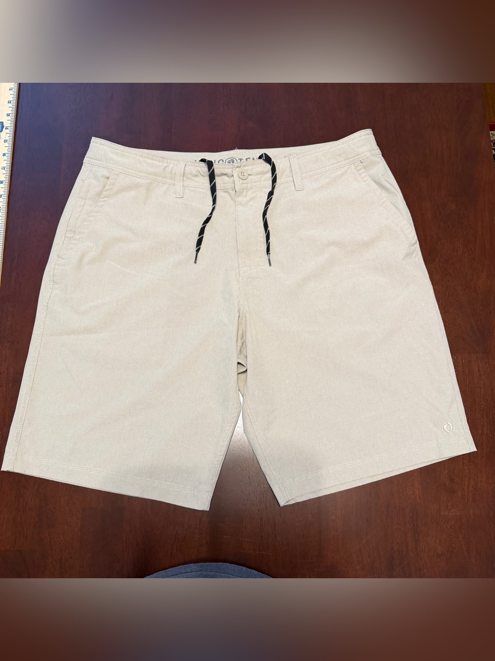 Hang Ten Men's Flat Front Shorts in Light Beige with Black Drawcord